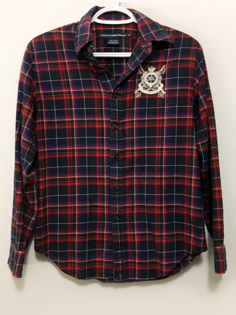 RALPH LAUREN SPORT Beaded Crest Royal Stewart Tartan Flannel Shirt 6 Preppy